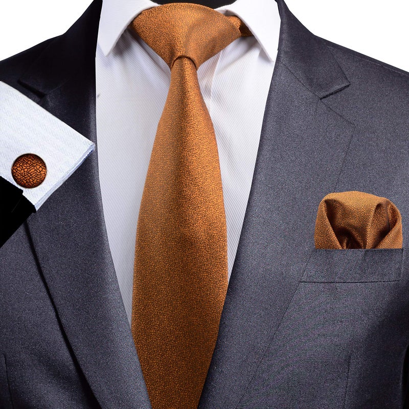GUSLESON Mens Gold Solid Tie with Pocket Square Cufflinks set Woven Silk Necktie (0756-11) - Image 3